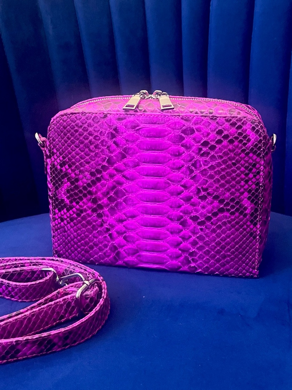 Fuchsia Genuine Python Crossbody – Real Snakeskin Shoulder Bag w Silver Hardware - Picture 6 of 16
